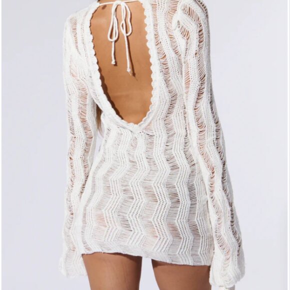 Callie Lives White Distressed AKIRA Can’t Cover Me Crochet Tunic Mini Dress S M - Picture 9 of 9